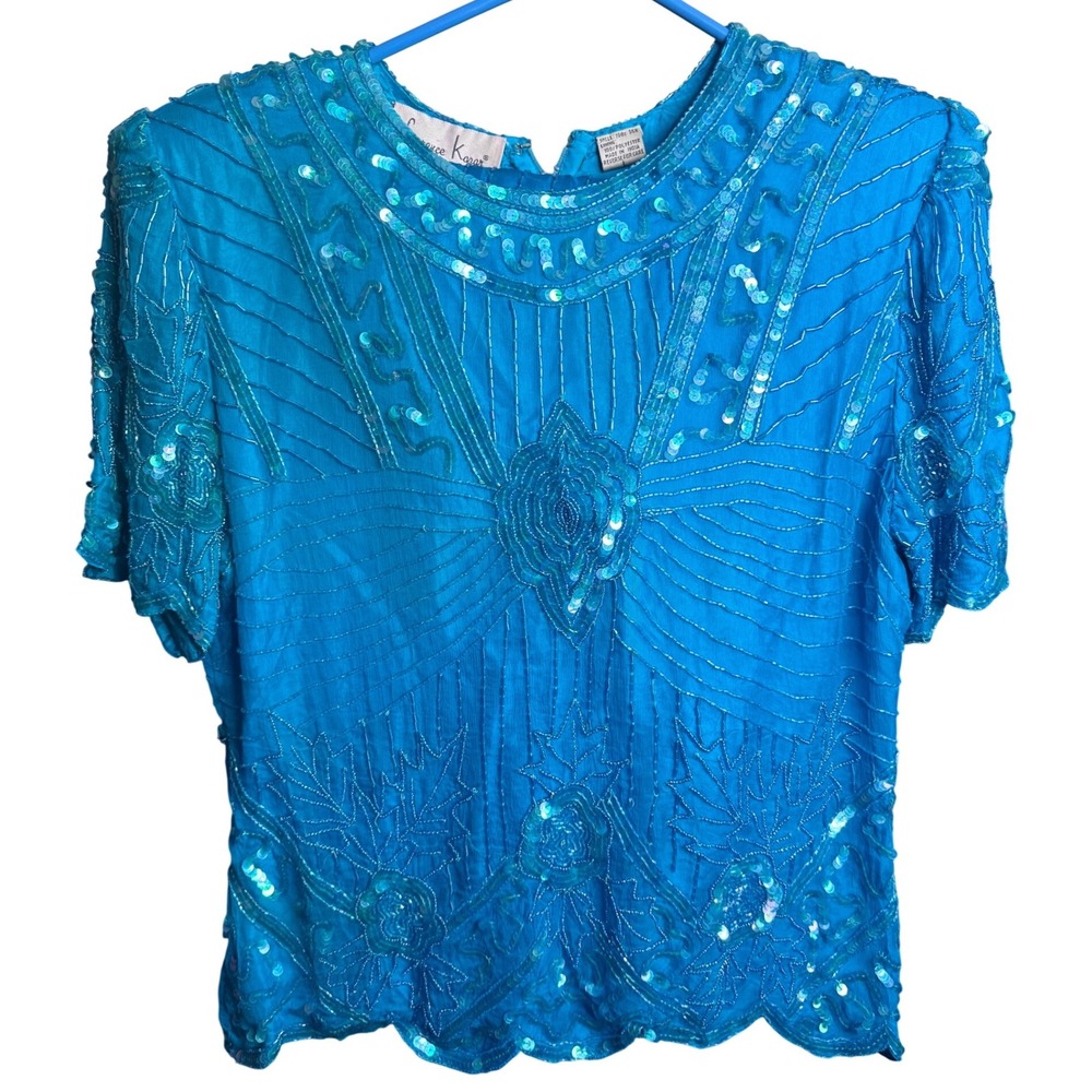Laurence Kazar Vintage Turquoise Beaded‎ Silk 2 Piece Skirt Set Womens Large L